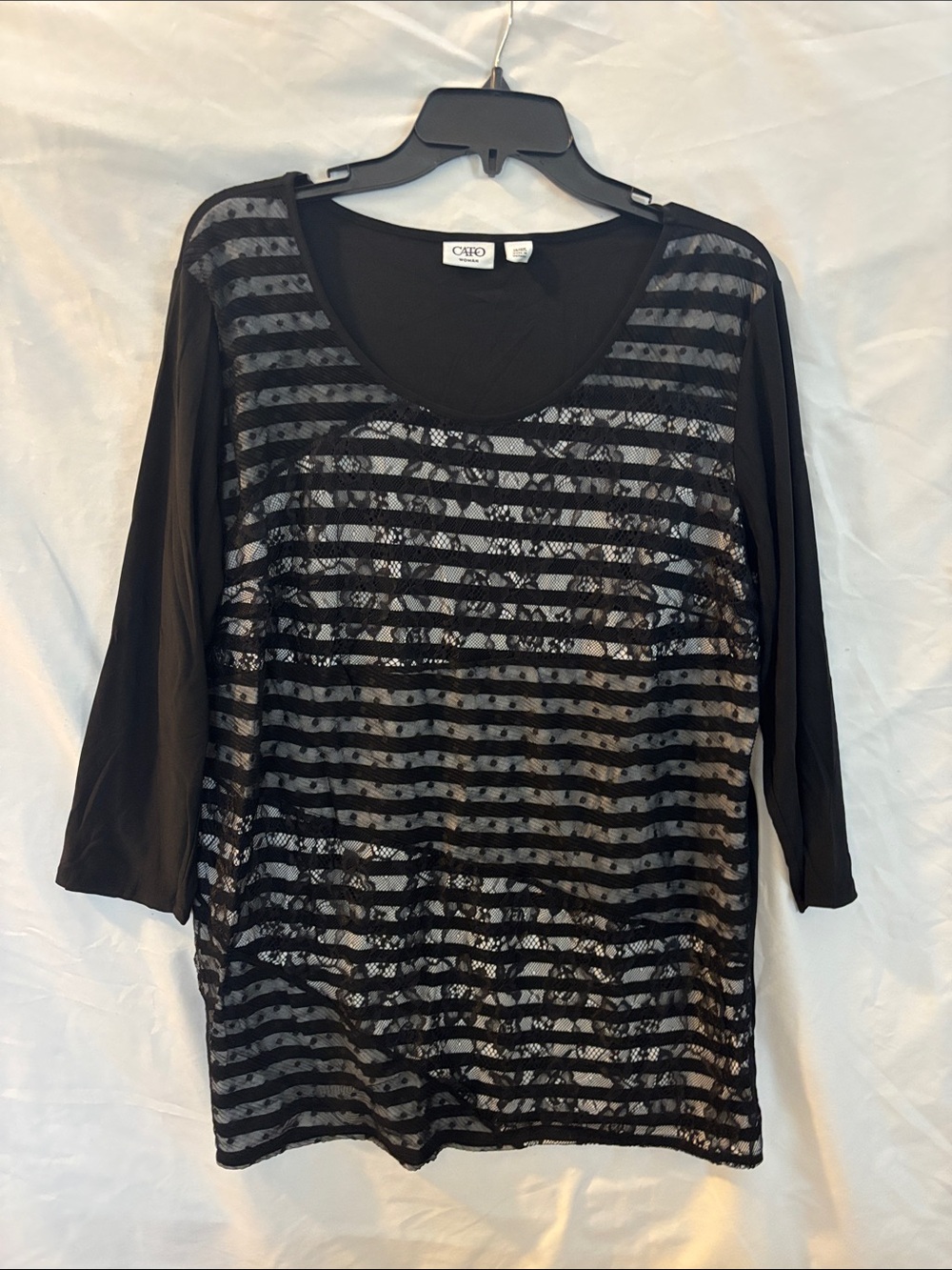 Cato Black Sheer Lace-Striped Scoop Neck Top